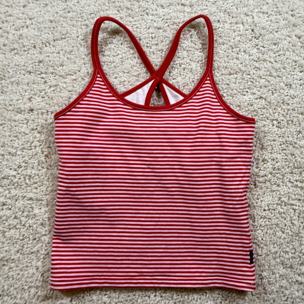 Vintage Y2K Unionbay Red Pink Striped Cross Back Camisole Tank Top L Sporty
